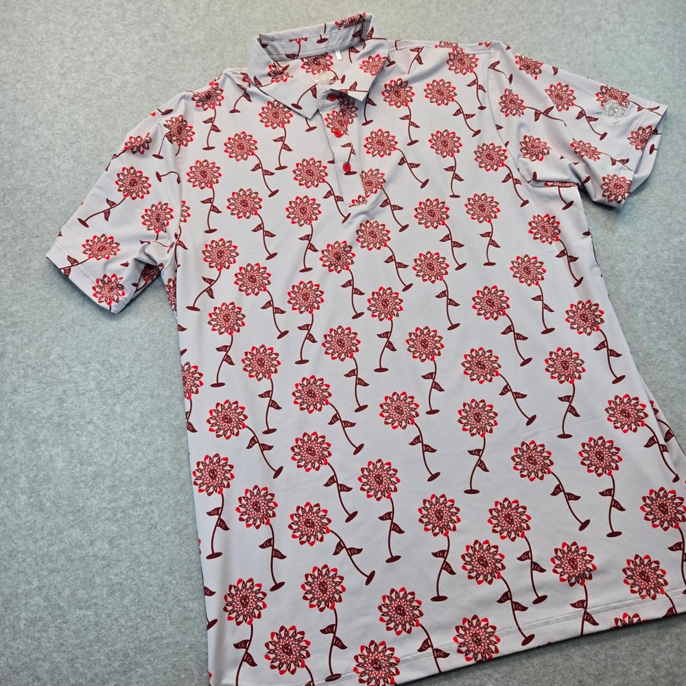 Chuco Golf Mens XL Sugar Skull Floral Polo Shirt Grey Red Performance Golf Top